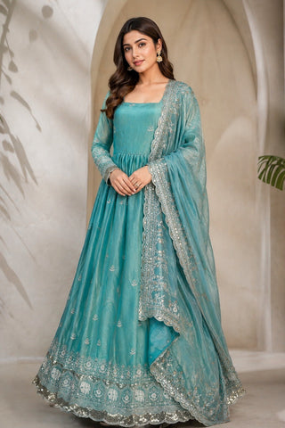 Sky Blue Fandy Satin Anarkali Gown ClothsVilla