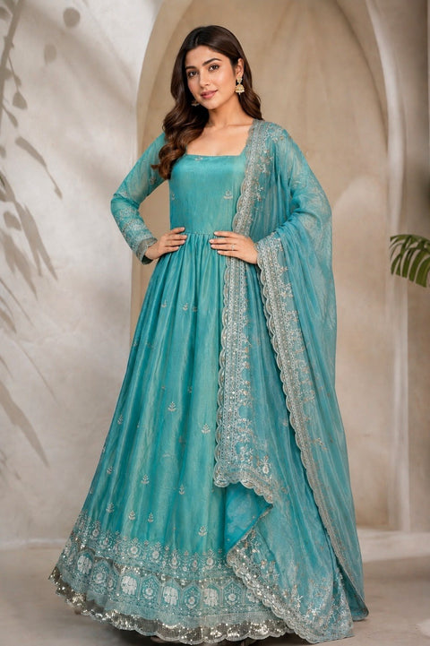 Sky Blue Fandy Satin Anarkali Gown ClothsVilla Main image