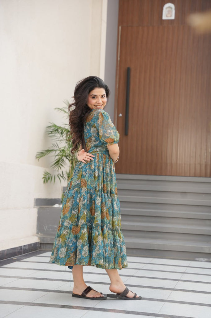 Dusty Blue  Faux Georgette Printed Gown with Fancy Neck Ethnic Wear ClothsVilla