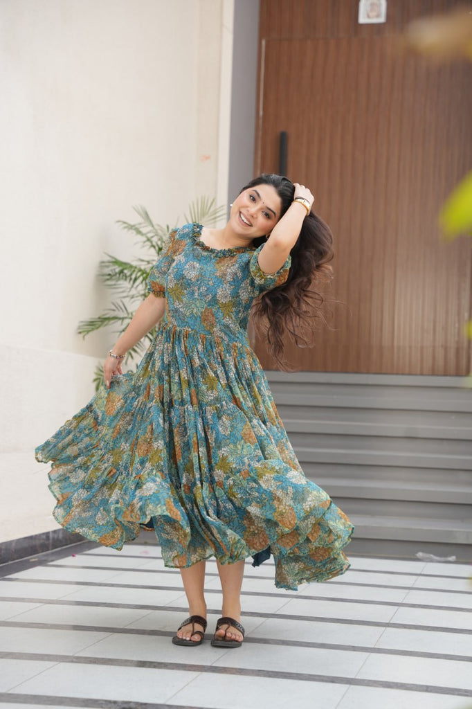 Dusty Blue  Faux Georgette Printed Gown with Fancy Neck Ethnic Wear ClothsVilla