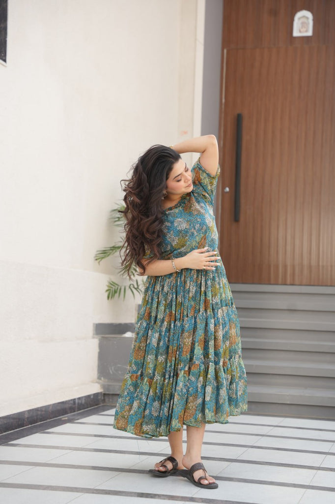 Dusty Blue  Faux Georgette Printed Gown with Fancy Neck Ethnic Wear ClothsVilla