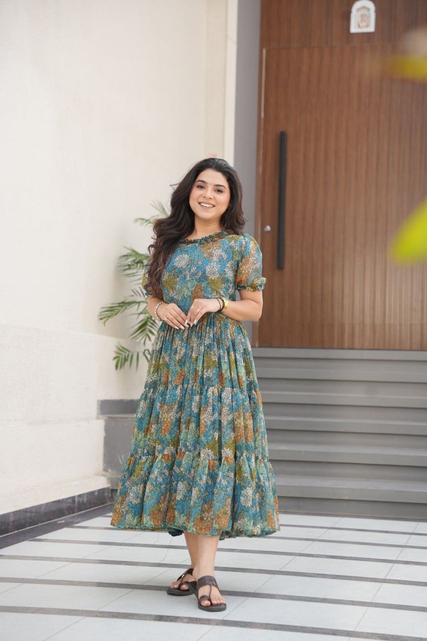 Dusty Blue  Faux Georgette Printed Gown with Fancy Neck Ethnic Wear ClothsVilla