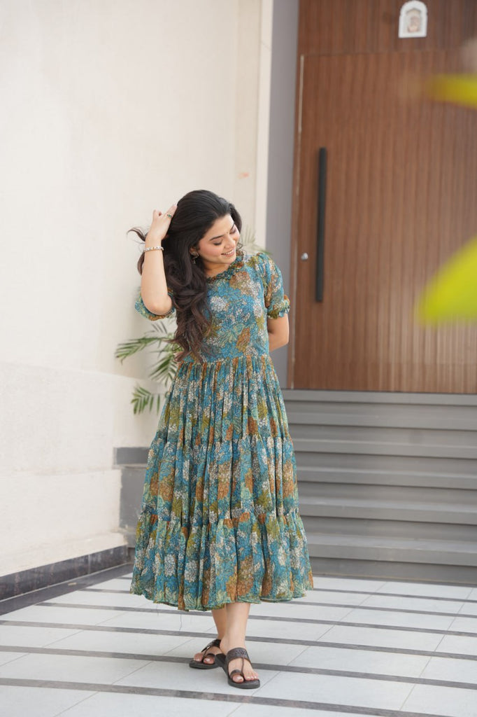 Dusty Blue  Faux Georgette Printed Gown with Fancy Neck Ethnic Wear ClothsVilla