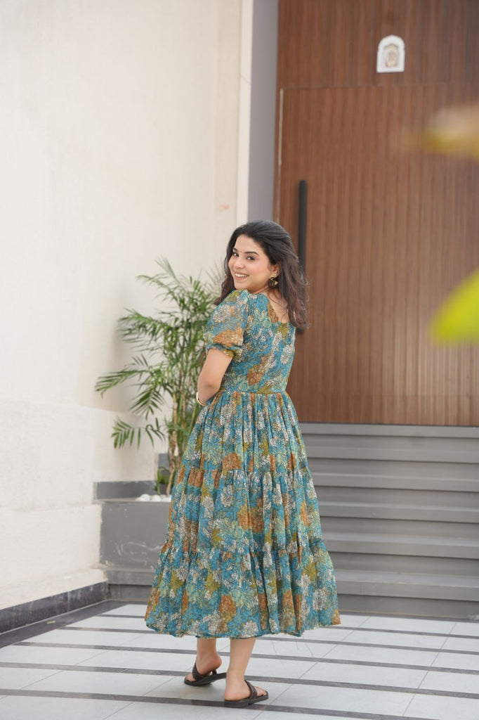 Dusty Blue  Faux Georgette Printed Gown with Fancy Neck Ethnic Wear ClothsVilla
