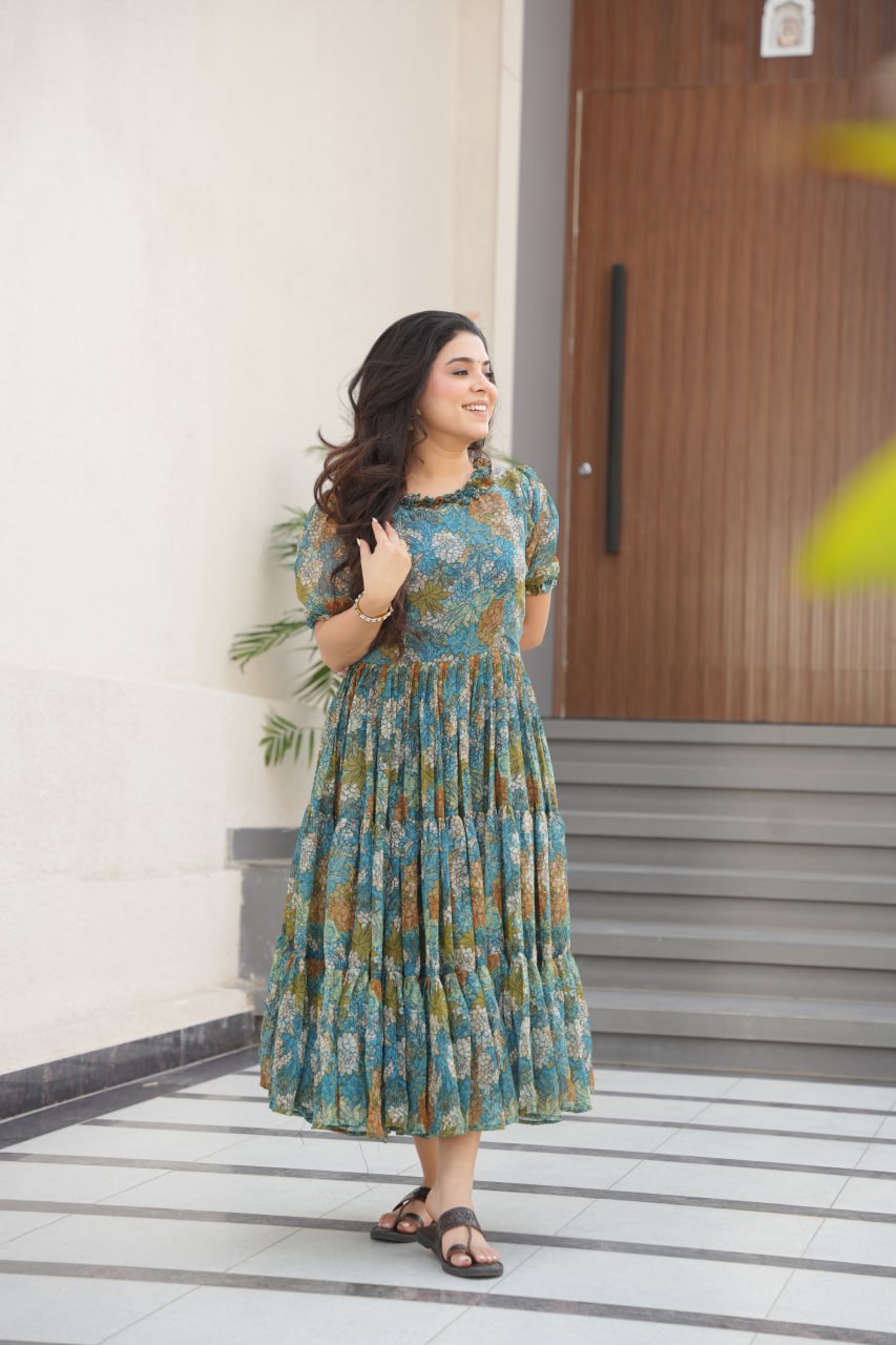 Dusty Blue  Faux Georgette Printed Gown with Fancy Neck Ethnic Wear ClothsVilla