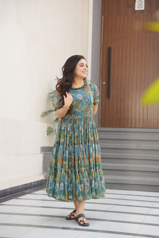 Dusty Blue  Faux Georgette Printed Gown with Fancy Neck Ethnic Wear ClothsVilla