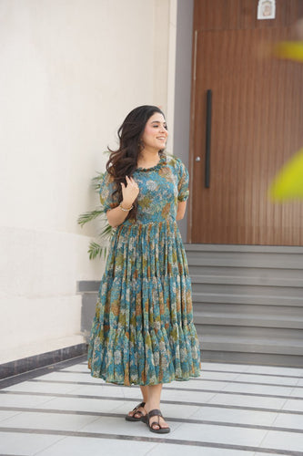 Dusty Blue  Faux Georgette Printed Gown with Fancy Neck Ethnic Wear ClothsVilla