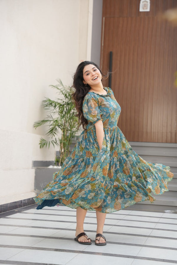 Dusty Blue  Faux Georgette Printed Gown with Fancy Neck Ethnic Wear ClothsVilla