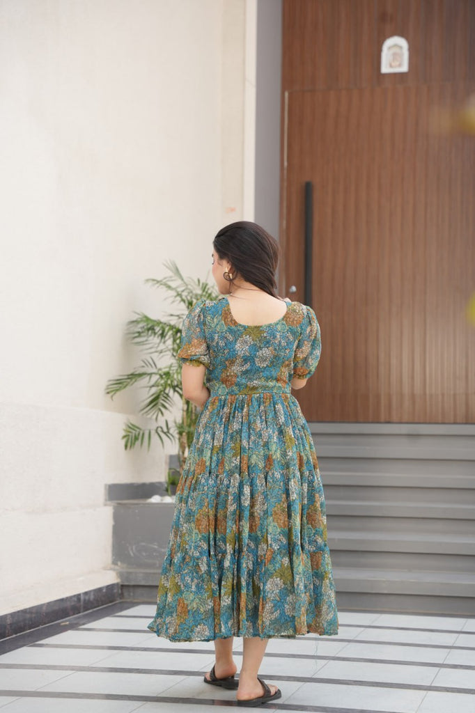 Dusty Blue  Faux Georgette Printed Gown with Fancy Neck Ethnic Wear ClothsVilla