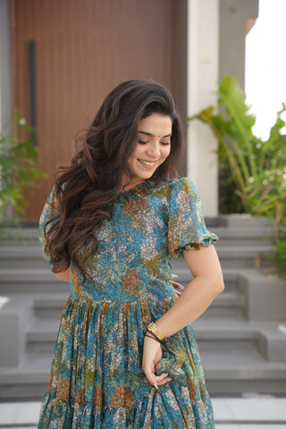 Dusty Blue  Faux Georgette Printed Gown with Fancy Neck Ethnic Wear ClothsVilla