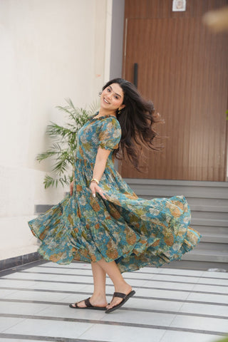 Dusty Blue  Faux Georgette Printed Gown with Fancy Neck Ethnic Wear ClothsVilla