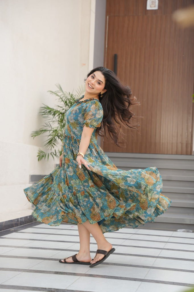 Dusty Blue  Faux Georgette Printed Gown with Fancy Neck Ethnic Wear ClothsVilla