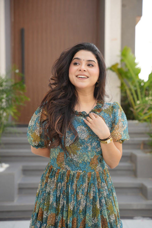 Dusty Blue  Faux Georgette Printed Gown with Fancy Neck Ethnic Wear ClothsVilla