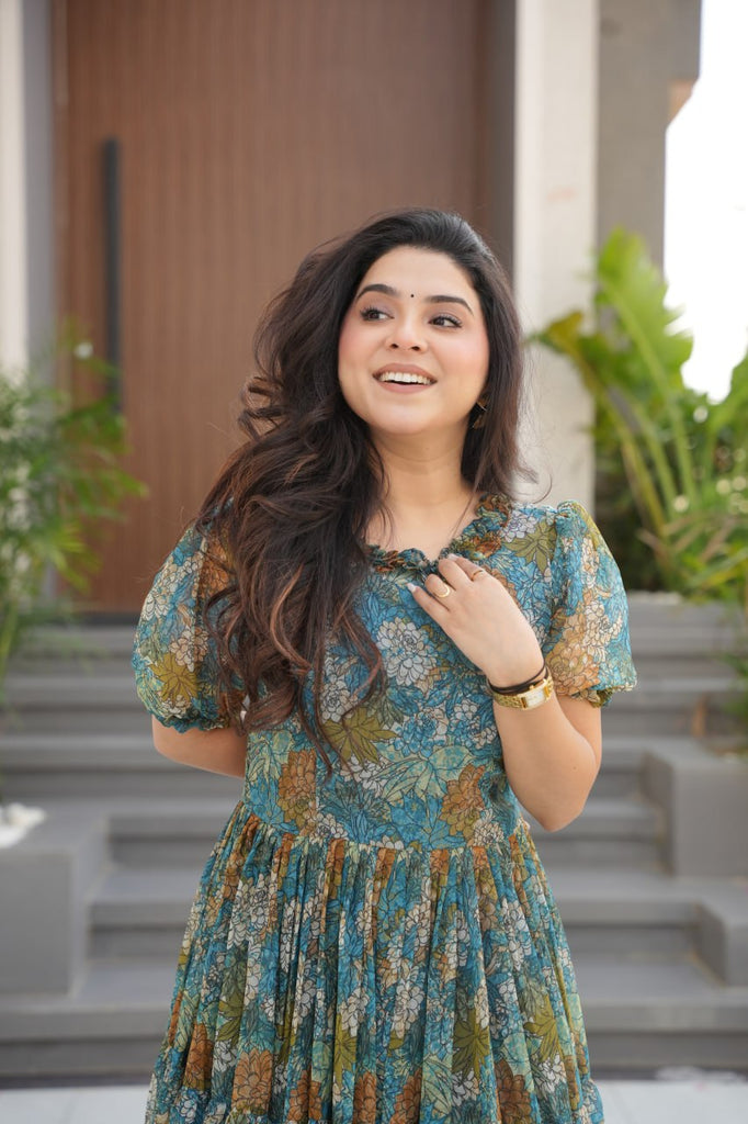 Dusty Blue  Faux Georgette Printed Gown with Fancy Neck Ethnic Wear ClothsVilla