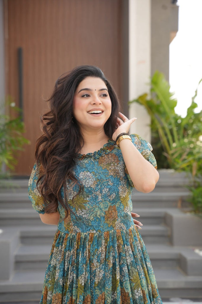 Dusty Blue  Faux Georgette Printed Gown with Fancy Neck Ethnic Wear ClothsVilla