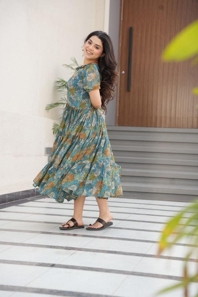 Dusty Blue  Faux Georgette Printed Gown with Fancy Neck Ethnic Wear ClothsVilla