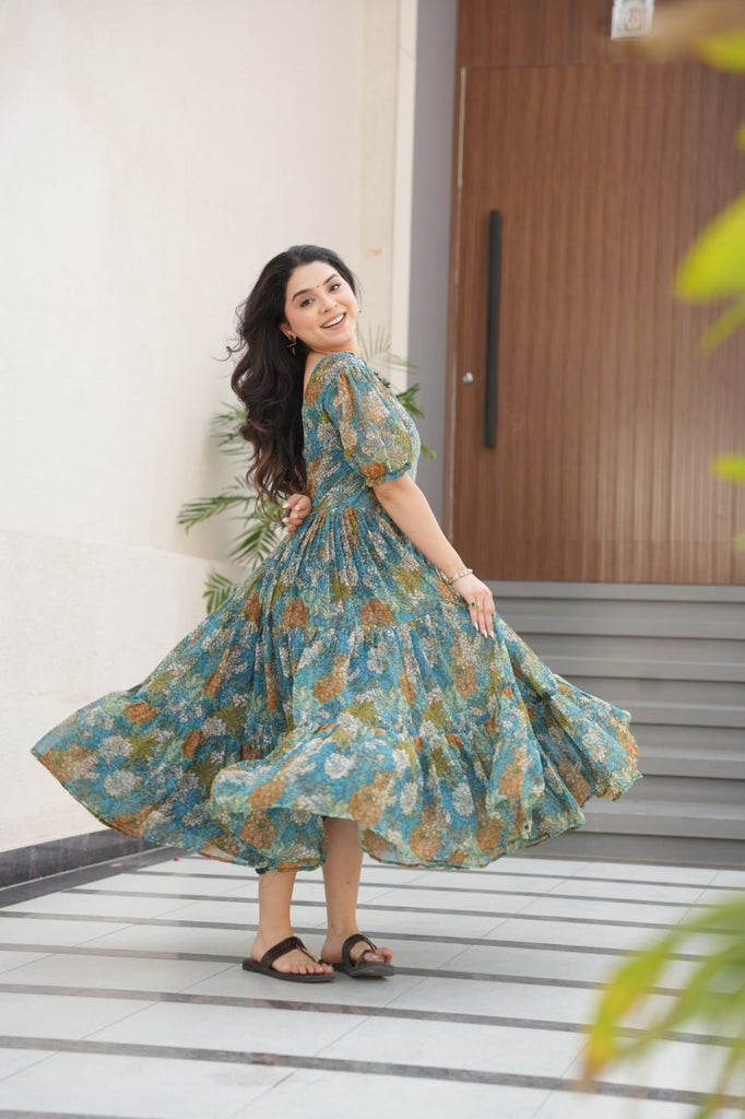 Dusty Blue  Faux Georgette Printed Gown with Fancy Neck Ethnic Wear ClothsVilla