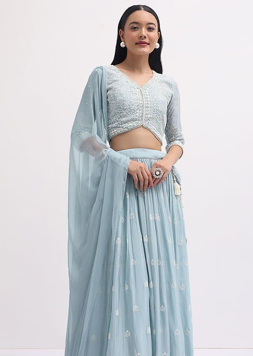 Sky Blue Faux Georgette Semi-Stitched Sequins Embroidered Lehenga with Canvas & Can-Can, Unstitched Sequins Blouse & Plain Georgette Dupatta Clothsvilla