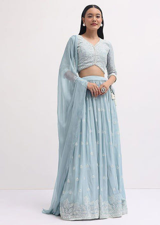 Sky Blue Faux Georgette Semi-Stitched Sequins Embroidered Lehenga with Canvas & Can-Can, Unstitched Sequins Blouse & Plain Georgette Dupatta Clothsvilla
