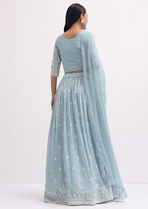 Sky Blue Faux Georgette Semi-Stitched Sequins Embroidered Lehenga with Canvas & Can-Can, Unstitched Sequins Blouse & Plain Georgette Dupatta Clothsvilla