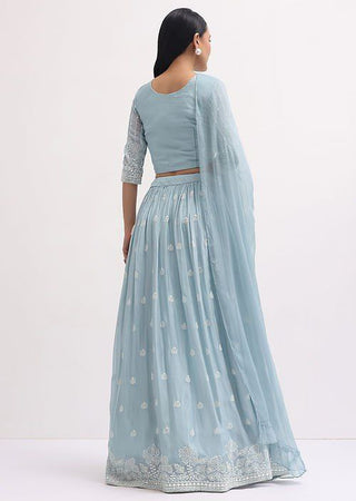 Sky Blue Faux Georgette Semi-Stitched Sequins Embroidered Lehenga with Canvas & Can-Can, Unstitched Sequins Blouse & Plain Georgette Dupatta Clothsvilla