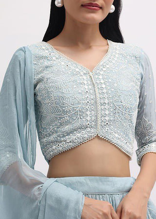 Sky Blue Faux Georgette Semi-Stitched Sequins Embroidered Lehenga with Canvas & Can-Can, Unstitched Sequins Blouse & Plain Georgette Dupatta Clothsvilla