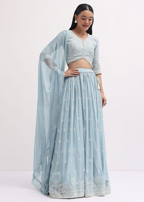 Sky Blue Faux Georgette Semi-Stitched Sequins Embroidered Lehenga with Canvas & Can-Can, Unstitched Sequins Blouse & Plain Georgette Dupatta Clothsvilla Main image