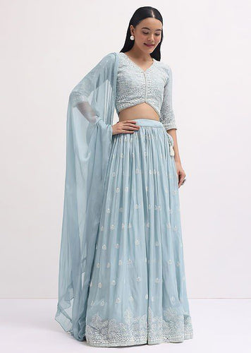Sky Blue Faux Georgette Semi-Stitched Sequins Embroidered Lehenga with Canvas & Can-Can, Unstitched Sequins Blouse & Plain Georgette Dupatta Clothsvilla