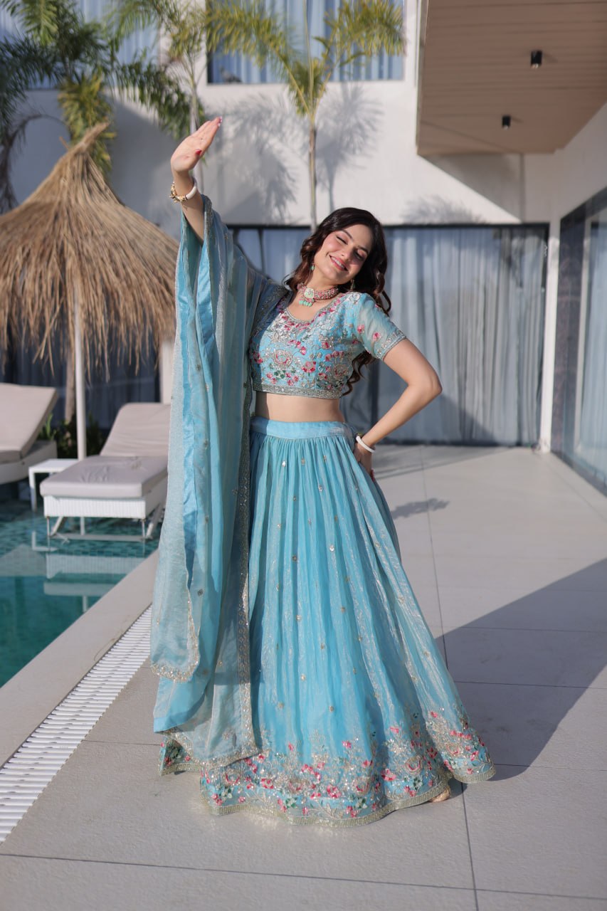 Sky Blue Fendi Silk Lehenga Choli ClothsVilla