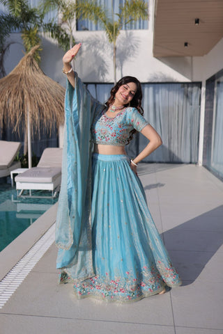 Sky Blue Fendi Silk Lehenga Choli ClothsVilla