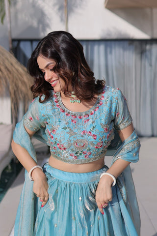 Sky Blue Fendi Silk Lehenga Choli ClothsVilla