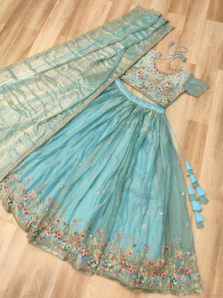 Sky Blue Fendi Silk Lehenga Choli ClothsVilla