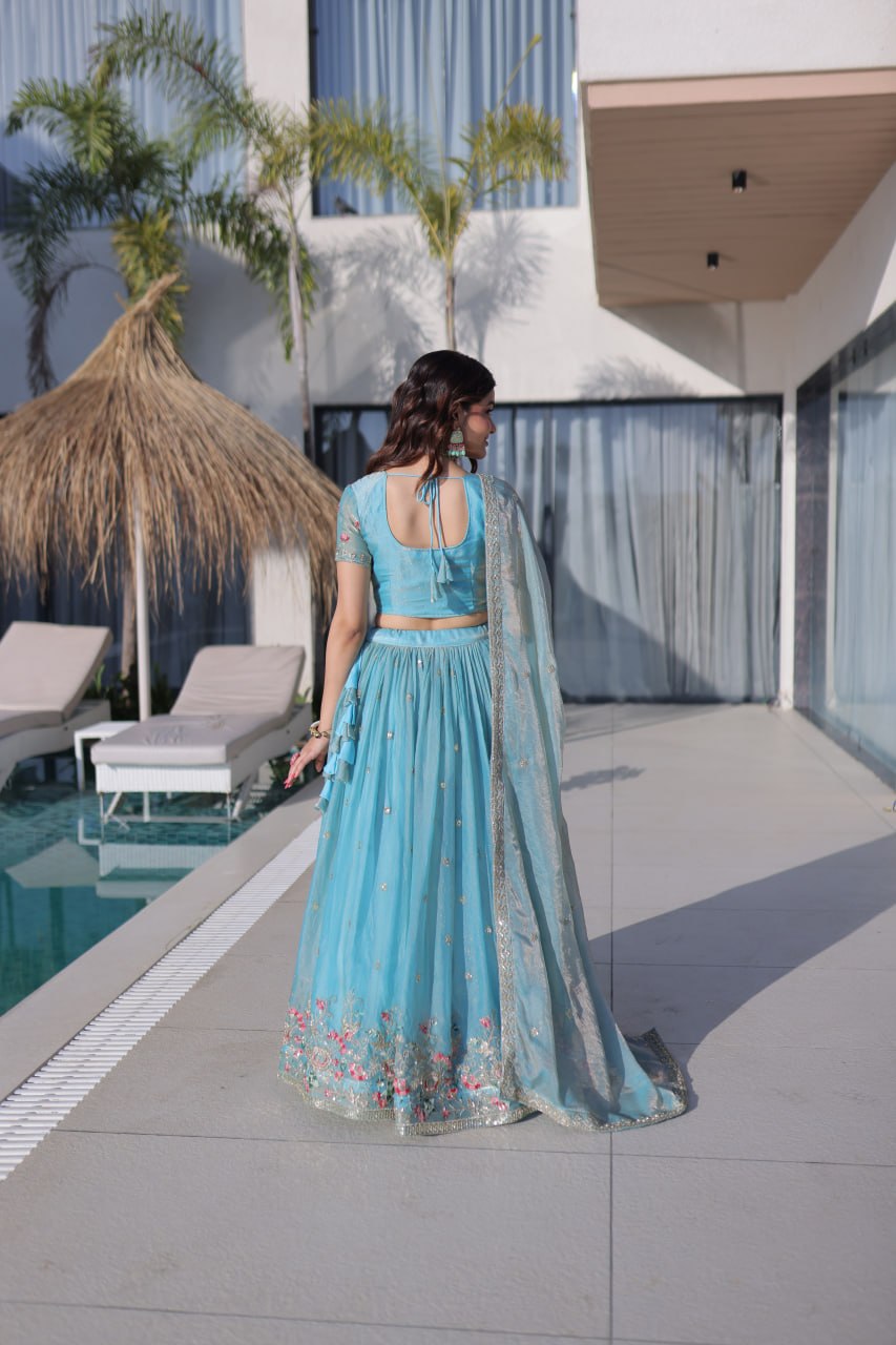 Sky Blue Fendi Silk Lehenga Choli ClothsVilla