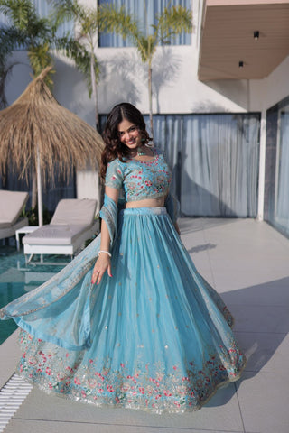 Sky Blue Fendi Silk Lehenga Choli ClothsVilla