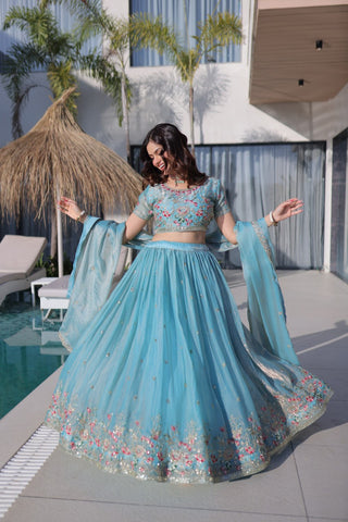 Sky Blue Fendi Silk Lehenga Choli ClothsVilla