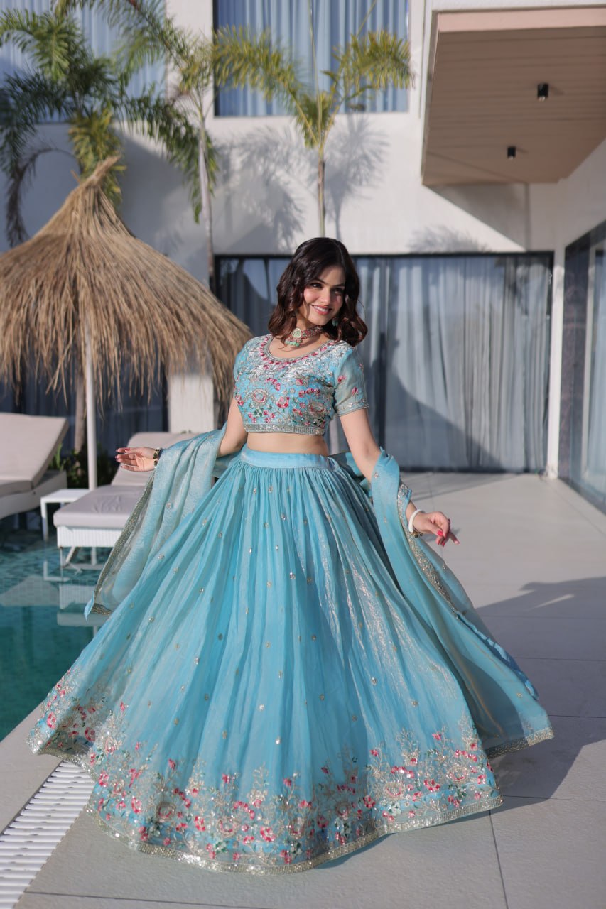 Sky Blue Fendi Silk Lehenga Choli ClothsVilla