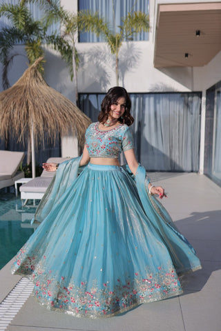 Sky Blue Fendi Silk Lehenga Choli ClothsVilla