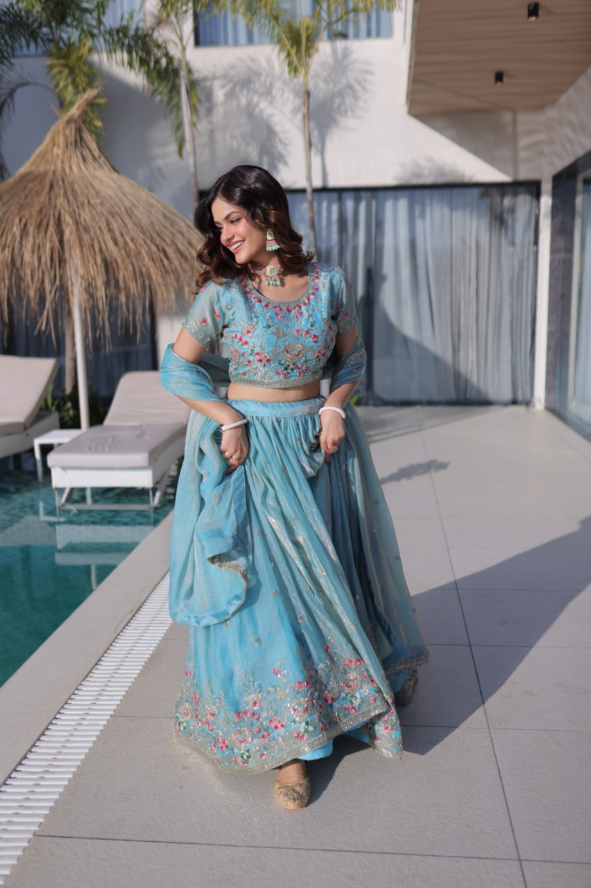 Sky Blue Fendi Silk Lehenga Choli ClothsVilla