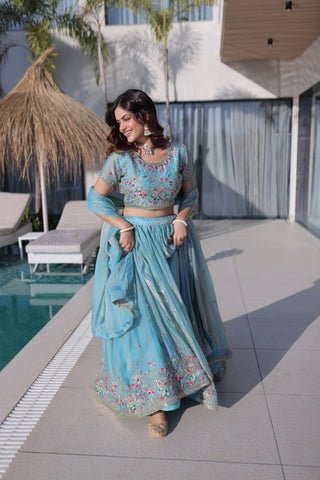 Sky Blue Fendi Silk Lehenga Choli ClothsVilla