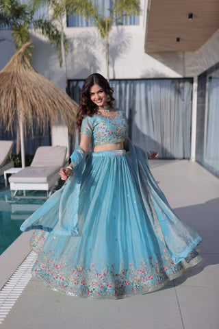 Sky Blue Fendi Silk Lehenga Choli ClothsVilla