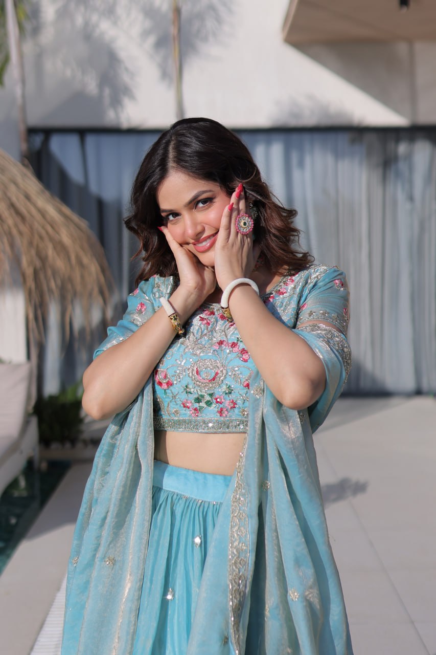 Sky Blue Fendi Silk Lehenga Choli ClothsVilla