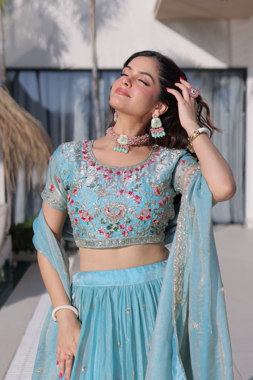 Sky Blue Fendi Silk Lehenga Choli ClothsVilla