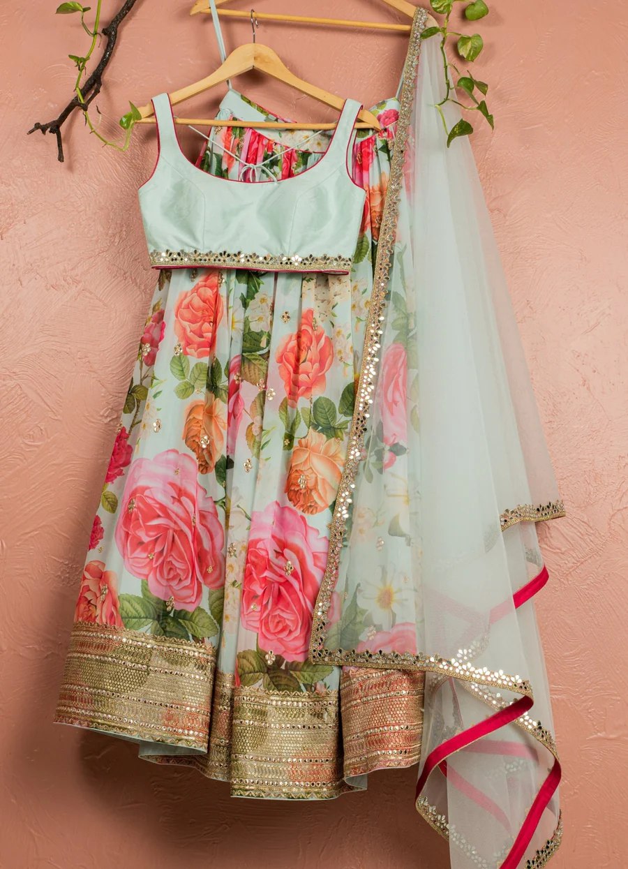 Sky Blue Floral Digital Printed Georgette Lehenga with Foil & Sequins, Art Silk Un-Stitched Blouse with Mirror Work, and Butterfly Net Dupatta – Semi-Stitched Ethnic Set ClothsVilla