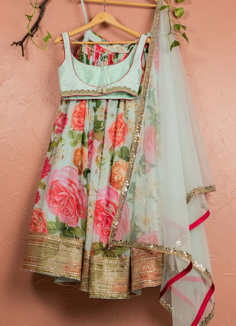 Sky Blue Floral Digital Printed Georgette Lehenga with Foil & Sequins, Art Silk Un-Stitched Blouse with Mirror Work, and Butterfly Net Dupatta – Semi-Stitched Ethnic Set ClothsVilla