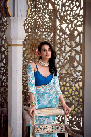 Sky Blue Floral Print Weightless Marble Saree with Pearl Lace Border & Moonga Silk Blouse ClothsVilla