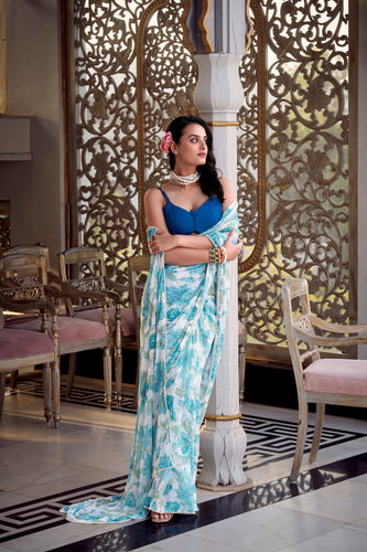 Sky Blue Floral Print Weightless Marble Saree with Pearl Lace Border & Moonga Silk Blouse ClothsVilla