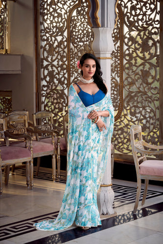 Sky Blue Floral Print Weightless Marble Saree with Pearl Lace Border & Moonga Silk Blouse ClothsVilla
