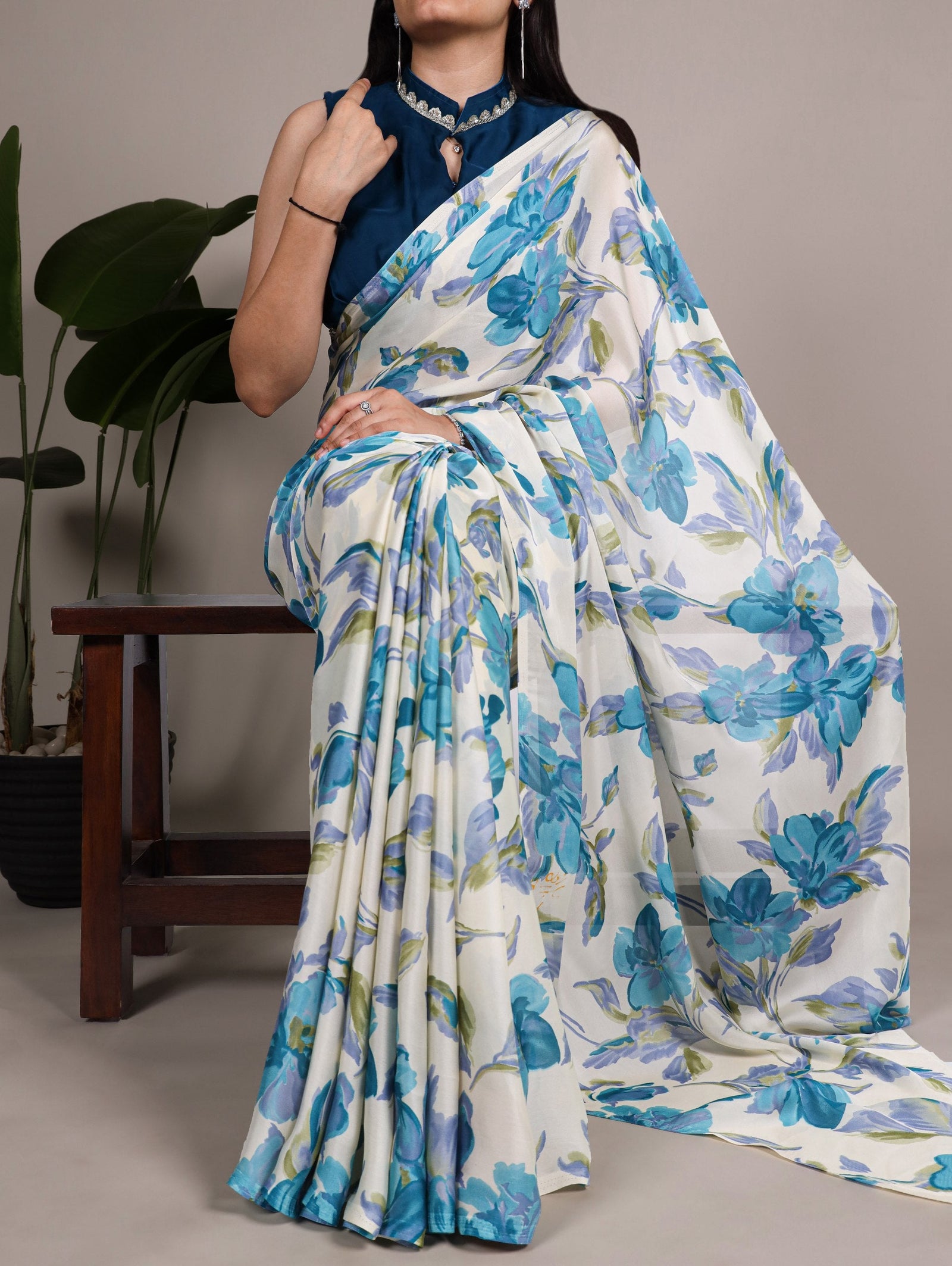 Sky Blue Floral Printed Satin Silk Saree with Fully Stitched Adjustable Natural Silk Blouse & Lace Detailing – Party & Festive Wear ClothsVilla