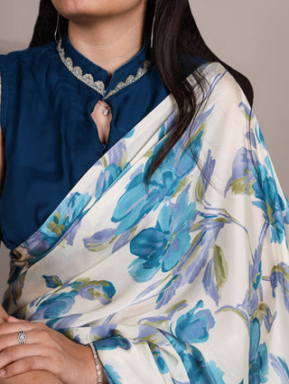 Sky Blue Floral Printed Satin Silk Saree with Fully Stitched Adjustable Natural Silk Blouse & Lace Detailing – Party & Festive Wear ClothsVilla