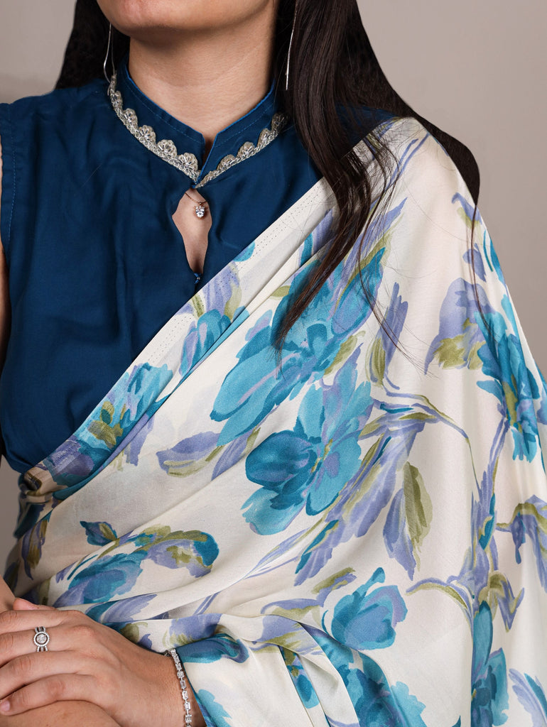 Sky Blue Floral Printed Satin Silk Saree with Fully Stitched Adjustable Natural Silk Blouse & Lace Detailing – Party & Festive Wear ClothsVilla